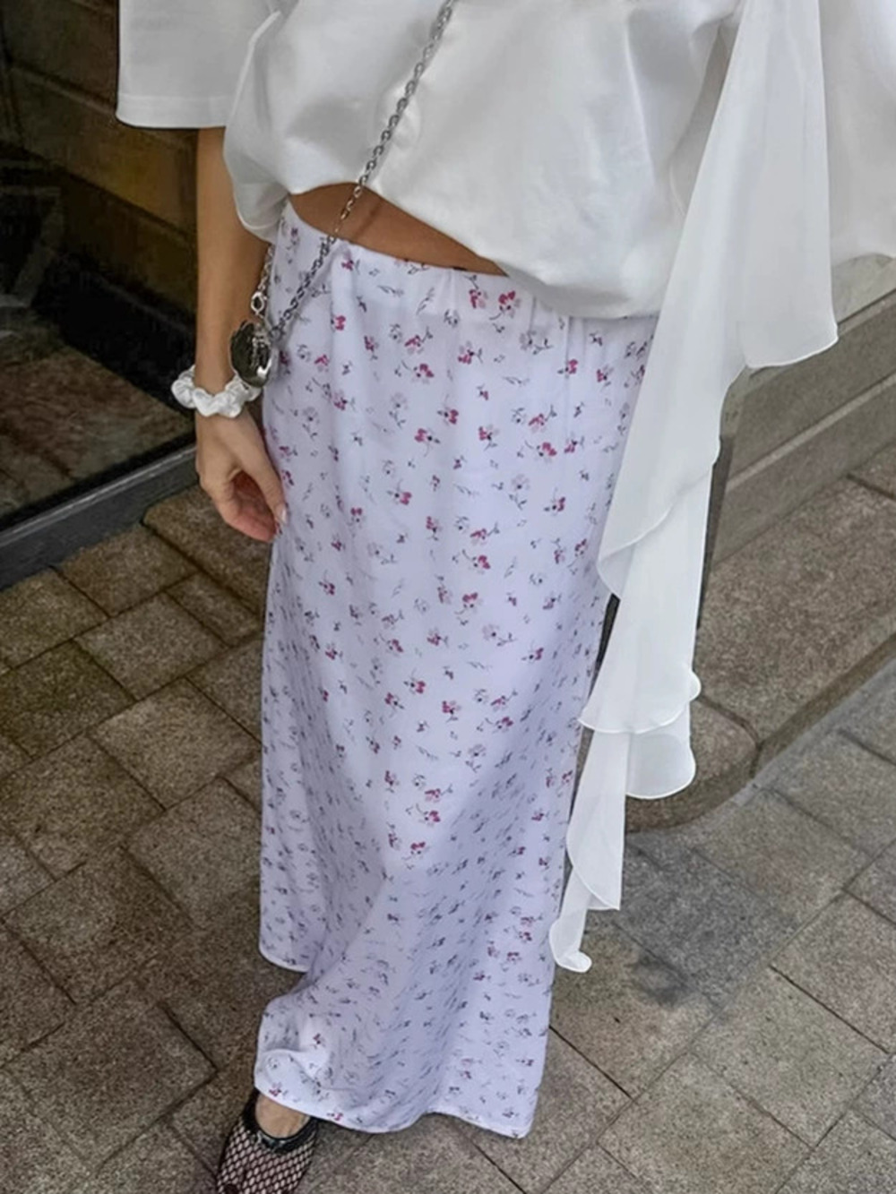 Forever 21 Floral Satin Floor Length Skirt Summer Loose High Waist